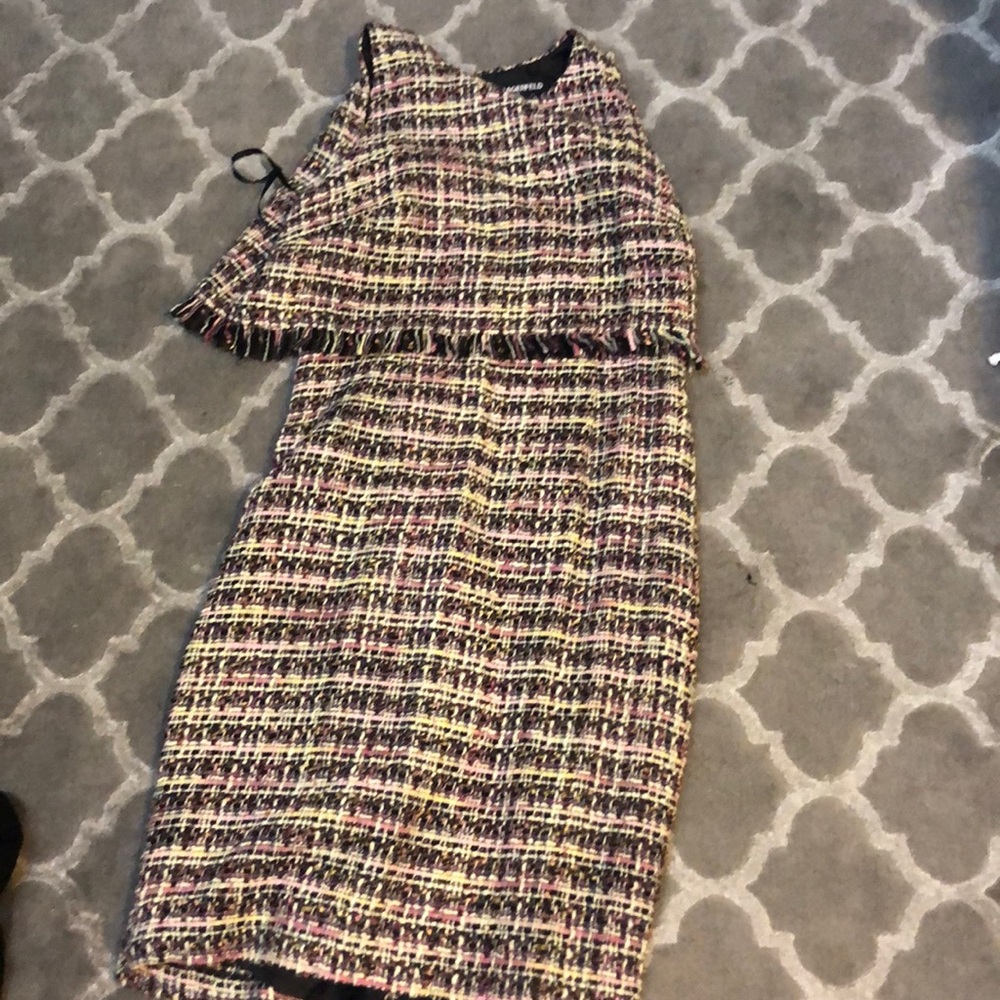 Tweed sleeveless dress with fringe overlay